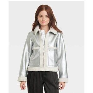 A New Day Women'sjakcet moto Metallic Shearling long sleeve Size S NWT
